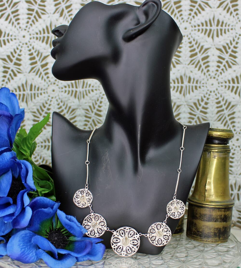 Vintage Silverplate Filigree 5 Sombrero Hat Necklace
